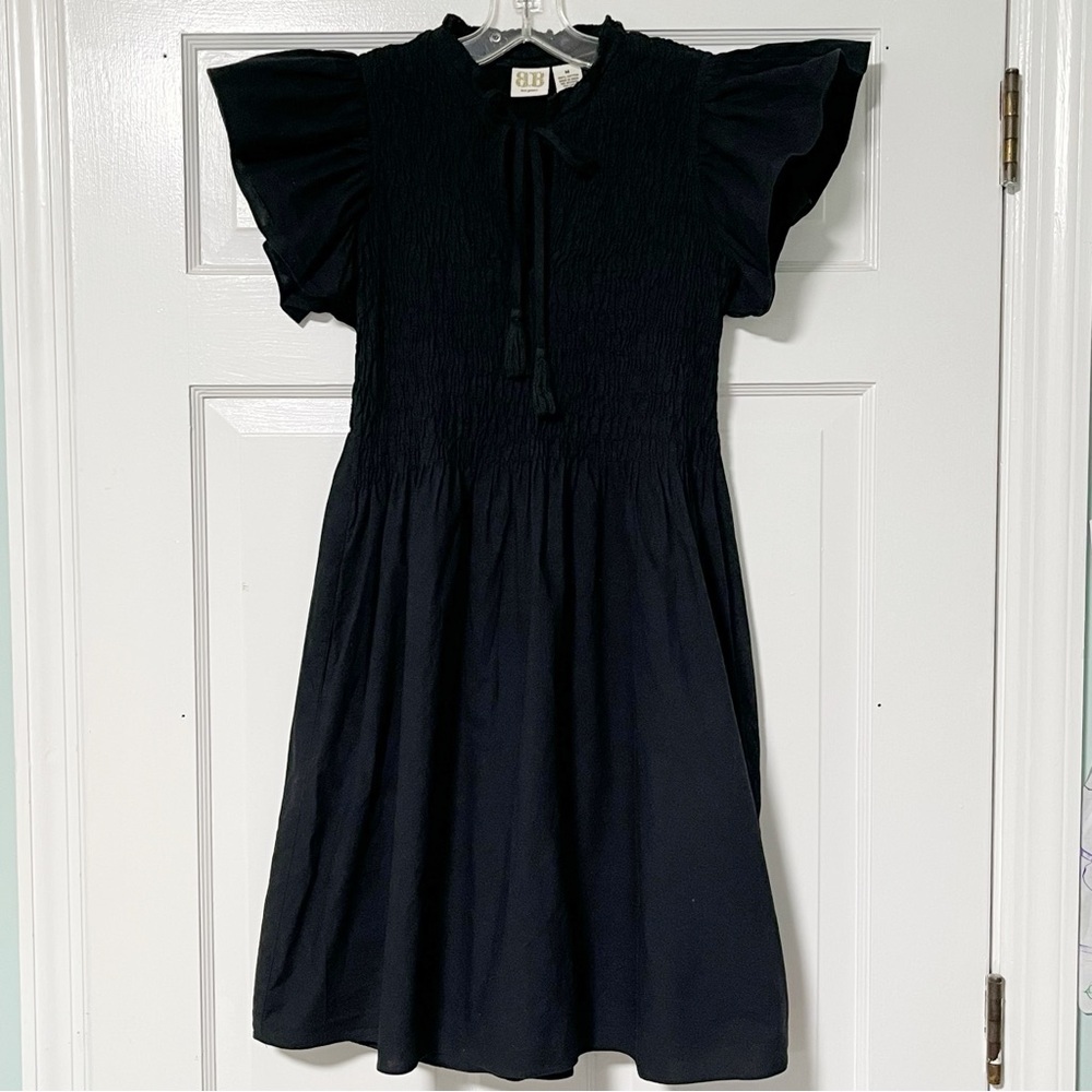 Boo Gemes Harbor View Stylish Black Smocked Flutter Sleeves Dress with Tassels